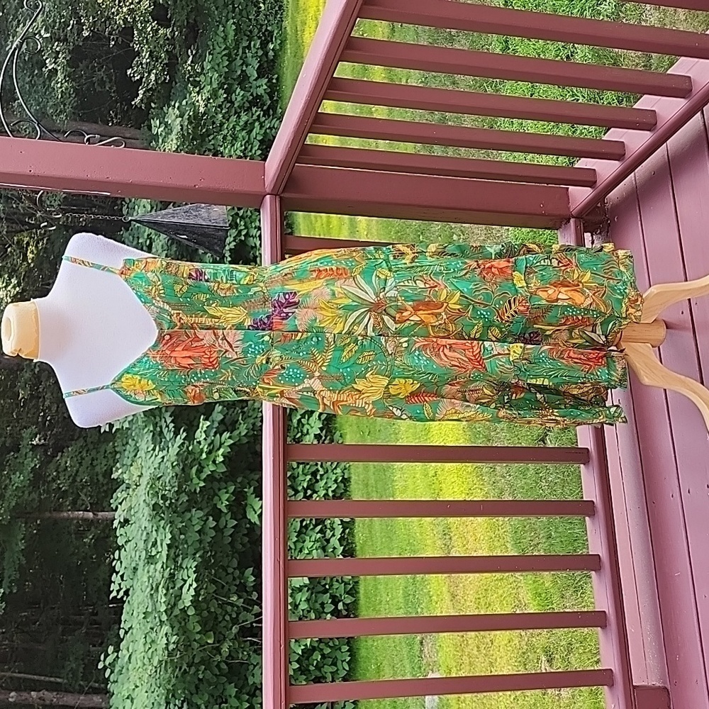 La Fiori small green tropical monkey/leopard  print ruffled tiered midi dress.
